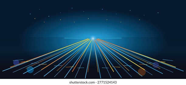 A mesmerizing futuristic cityscape at night features vibrant converging light rays emanating from a central point, creating a sense of speed and connectivity under a dark, starry sky.