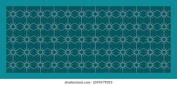 A mesmerizing geometric pattern featuring interconnected white lines forming pentagonal shapes with radiant, starburst-like centers on a deep teal background