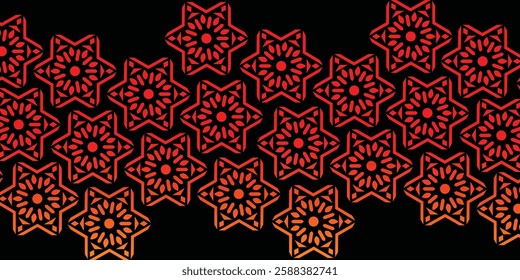 Mesmerizing geometric pattern of interlocking eight-pointed stars, transitioning from deep red to warm orange on a black background. Inspired by Islamic art, this intricate design 