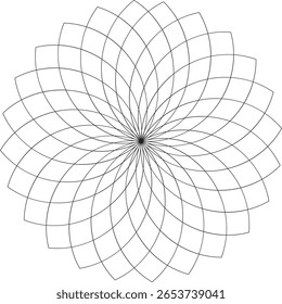 A mesmerizing geometric pattern resembling a stylized flower or mandala, created with intricate, symmetrical linework. The design emanates from a central point