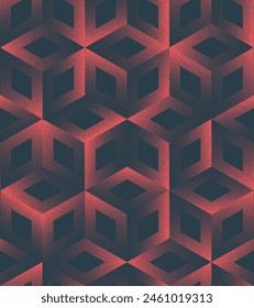 Mesmerizing Geometric Seamless Pattern Trend Vector Red Black Abstract Background. Dynamic Hexagonal Mesh Halftone Art Illustration. Repetitive Graphic Intricate Structure Abstraction. Dotwork Texture