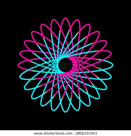 A mesmerizing geometric spirograph design features multiple overlapping elliptical shapes forming a symmetrical floral vortex. The thin lines exhibit a smooth rainbow gradient transition from warm red and orange tones down to cool green hues. This intricate mathematical pattern is perfectly centered and isolated against a stark high-contrast black background.