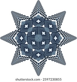 A mesmerizing geometric star pattern with intricate layers and a captivating optical illusion effect. This design features deep blue and black tones with symmetrical square elements, creating a dynami