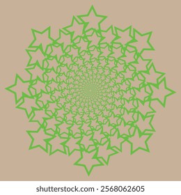 A mesmerizing green mandala made of repeating star shapes, radiating outward on a beige background, forming an intricate geometric pattern.