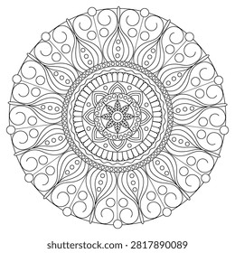A mesmerizing and highly detailed geometric mandala illustration featuring a perfectly balanced radial design of sweeping curves, delicate circles, and teardrop motifs. Created with clean and crisp black linework on a solid white background, this intricate circular ornament blends spiritual harmony with sophisticated mathematical geometry. The beautifully repeating layers and therapeutic visual flow make this vector art ideal as a printable adult coloring page for stress relief, a meditative book illustration, or a graphic element for bohemian-themed creative projects.#GeometricMandala #AdultColoringPage #LineArtDesign #SymmetricalPattern #MandalaArt #PrintableColoring #StressRelief #MeditativeArt #VectorOutline #CircularOrnament