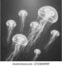 Uma ilustração hipnotizante de um grupo de águas-vivas flutuando debaixo d'água. Este projeto destaca a beleza etérea e o movimento gracioso da vida marinha. Perfeito para sinalização de aquário, cartazes de conservação do oceano, livros de biologia e decoração de parede de banheiro. Ideal para criar uma atmosfera calma e aquática. Gráfico vetorial escalável adequado para grandes manifestações de vidro ou pequenas impressões.
