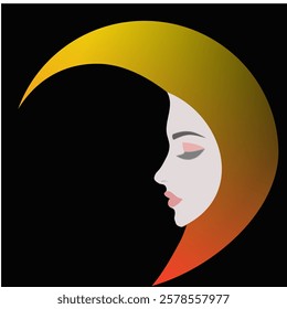 A mesmerizing illustration of a woman's face gracefully framed by a crescent moon, symbolizing mystery, femininity, and celestial beauty. 