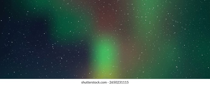 A mesmerizing image of the night sky illuminated by the aurora borealis. The green, blue, and faint red hues dance across the darkness, blending into the starry expanse. The stars sparkle like scatter