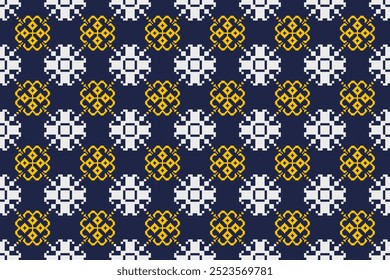 A mesmerizing interplay of white and gold pixelated knots against a deep navy background, creating a visually balanced and rhythmic geometric design.