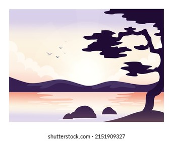 Mesmerizing landscape in anime style. Beautiful countryside sunset, sunrise or night with mountains, lakes and trees. Temple panorama. Flat vector illustration