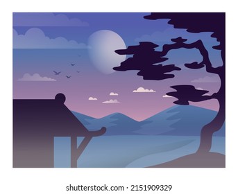Mesmerizing landscape in anime style. Beautiful countryside sunset, sunrise or night with mountains, lakes and trees. Temple panorama. Flat vector illustration