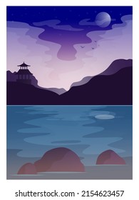 Mesmerizing landscape in anime style. Beautiful countryside sunset, sunrise or night with mountains, lakes and trees. Temple panorama. Flat vector illustration