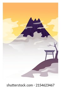Mesmerizing landscape in anime style. Beautiful countryside sunset, sunrise or night with mountains, lakes and trees. Temple panorama. Flat vector illustration