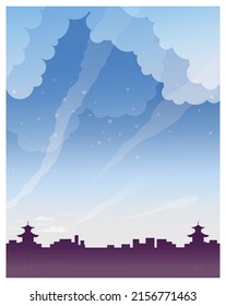 El paisaje mesmerizante al estilo anime. Hermosa puesta de sol en la ciudad, amanecer o noche con montañas, árboles y edificios. Vista panorámica de los templos. Ilustración vectorial plana