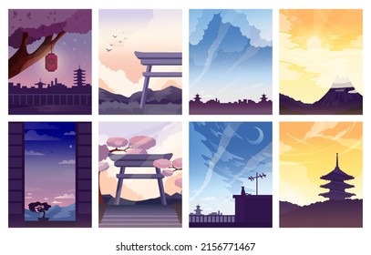 Mesmerizing landscape in anime style. Beautiful countryside sunset, sunrise or night with mountains, lakes and trees. Temple panorama. Flat vector illustration