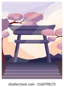 Mesmerizing landscape in anime style. Beautiful countryside sunset, sunrise or night with mountains, lakes and trees. Temple panorama. Flat vector illustration