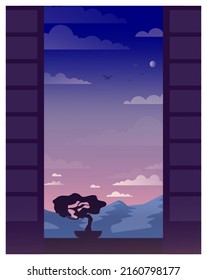 Mesmerizing landscape in anime style. Beautiful countryside sunset, sunrise or night with mountains, lakes and trees. Temple panorama. Flat vector illustration