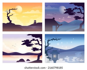 Mesmerizing landscape in anime style. Beautiful countryside sunset, sunrise or night with mountains, lakes and trees. Temple panorama. Flat vector illustration