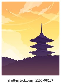 Mesmerizing landscape in anime style. Beautiful countryside sunset, sunrise or night with mountains, lakes and trees. Temple panorama. Flat vector illustration