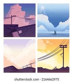 Mesmerizing landscape in anime style. Beautiful cityside sunset, sunrise or night with mountains, trees and buildings. Japanese panorama. Flat vector illustration