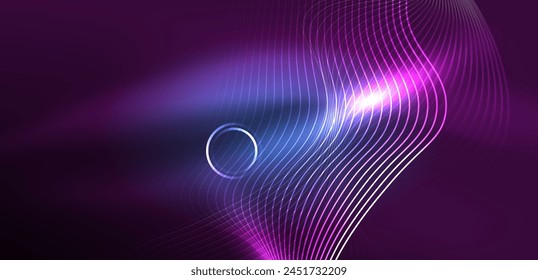 Un hipnotizante disparo de Fotografía macro capturando una onda brillante con un círculo en el medio sobre un fondo violeta vibrante con tintes y tonos azules
