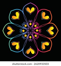 A mesmerizing mandala featuring heart-shaped accents interwoven with radiant, symmetrical patterns, creating a colorful and harmonious visual flow.