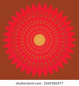 A mesmerizing mandala featuring intricate red ornamental patterns radiating outward from a golden center on a warm brown background. Perfect for art lovers, spiritual decor, or digital design enthusia