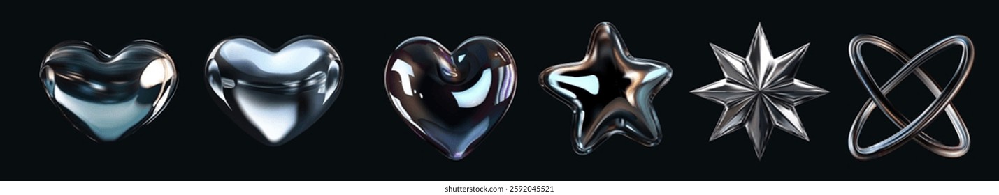 Mesmerizing metallic hearts, stars, and abstract shapes gleam with futuristic reflections against a dark backdrop—ideal for edgy designs, sci-fi themes, or modern branding. 3d vector illustration