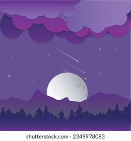 A mesmerizing midnight mountain backdrop featuring a supermoon, countless stars, and mysterious clouds. 