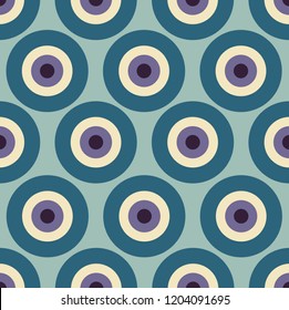 Mesmerizing minimal turkish eye pattern, seamless repeat in cool color palette with bright accents. Trendy flat style. Great for apparel & editorial design, packaging & paper products, souvenirs etc.