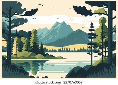 Mesmerizing Mountain Lake Scenery with Lush Trees: Flat Vector Illustration with Social Media Space