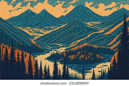 A mesmerizing mountain river portrayed in a captivating vector artwork, inviting you to immerse yourself in its tranquility.