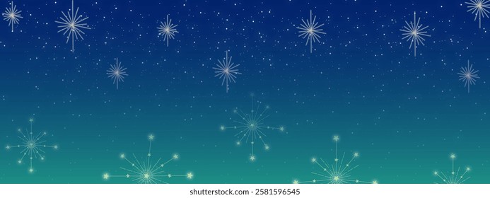 A mesmerizing night sky illustration with a gradient background transitioning from deep blue to teal. Sparkling starbursts and scattered tiny stars.