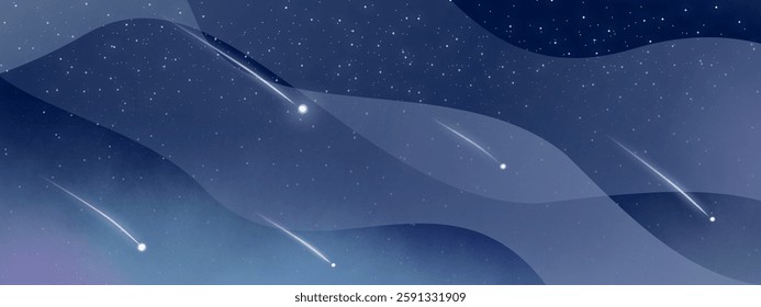 A mesmerizing night sky with shooting stars streaking across a deep blue celestial landscape. A dreamy and tranquil cosmic scene perfect for backgrounds, astronomy themes, and starry night designs.