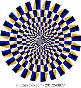 Mesmerizing optical illusion featuring a circular pattern of blue, yellow, white, and black shapes in motion. Ideal for creating captivating motion backgrounds and designs.