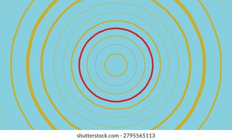 A mesmerizing pattern of concentric circles in shades of yellow and a bold red ring on a teal background, creating a dynamic visual effect with multiple layered rings