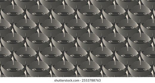 A mesmerizing pattern featuring eye-like shapes with concentric lines in a black-and-beige color scheme, ideal for fashion fabrics, decorative wallpapers, or statement graphic design projects.