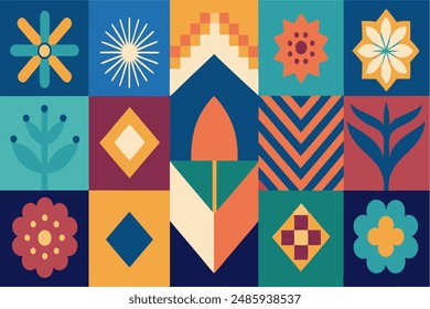  A mesmerizing pattern of geometric shapes in a vibrant colors captivates the eye. This high-quality vector is ideal for creating eye-catching designs for fabrics, wallpapers, and packaging. 