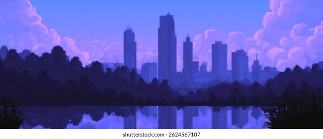 Um incrível horizonte de pixel art da cidade emerge ao anoitecer, com silhuetas imponentes de arranha-céus contra um céu colorido. A água tranquila reflete os tons vibrantes, criando uma atmosfera harmoniosa.