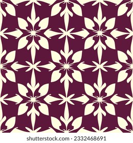 Mesmerizing purple and white flower pattern on a white background. This repeating fabric pattern displays dark, intricate flowers with seamless symmetry.