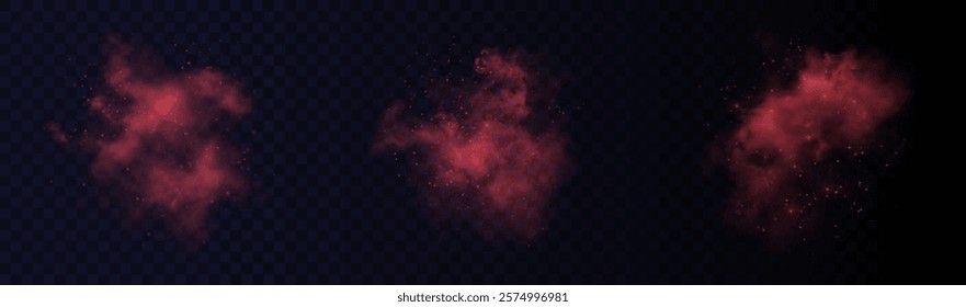 mesmerizing red smoke effect with shimmering glitter and tiny twinkling star particles. The fog is infused with glowing elements and blue vapor, scattered with stardust, all set against a dark backgr
