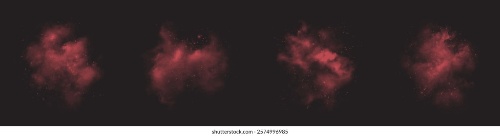 mesmerizing red smoke effect with shimmering glitter and tiny twinkling star particles. The fog is infused with glowing elements and blue vapor, scattered with stardust, all set against a dark backgr