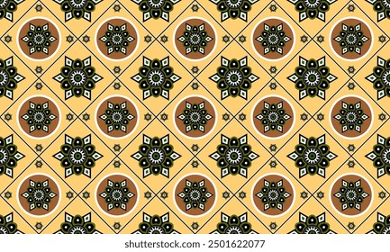Mesmerizing repeating pattern showcasing intricate floral elements. Brown circles with white borders contain detailed flower designs, alternating with green diamond shapes. The yellow background.