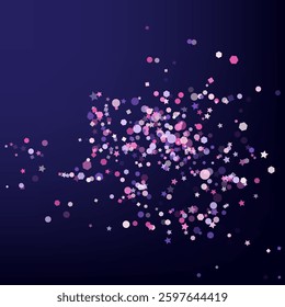 Mesmerizing scattered glowing particles in various shades of pink, purple, and white against a deep navy-blue background. Particles vary in size and shape: small circles and delicate stars, hexagons