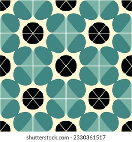 Mesmerizing seamless pattern design featuring a combination of black and blue circles, exuding an elegant and captivating art deco aesthetic.