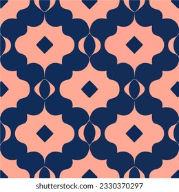 Mesmerizing seamless pattern design on a pink and blue background, showcasing ornate geometric shapes in an abstract arrangement.