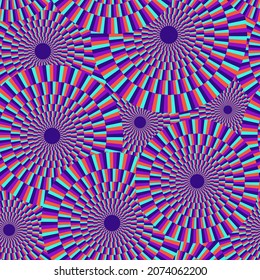 Mesmerizing seamless pattern. Optical illusion vector illustration. Hypnos, Psychedelic, mind-blowing. 60s, 70s style