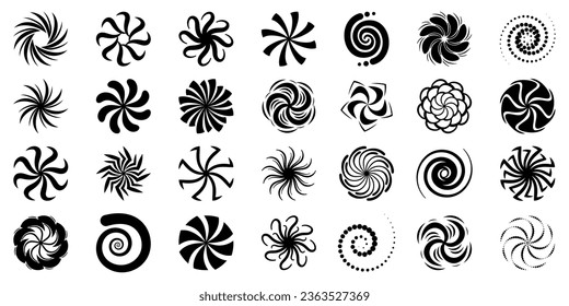 Mesmerizing Set Of Black Spirals Isolated on White Background. Their Inky Tendrils Coiling And Intertwining, Evoking A Sense Of Mysterious Allure And Hypnotic Fascination. Vector Illustration, Icons