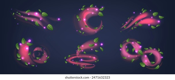 Mesmerizing Set Of Pink Swirls With Luminescent Accents And Green Leaves On A Dark Background. Realistic 3d Vector