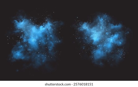 Mesmerizing smoke effect with shimmering glitter and tiny sparkling stars. A mystical blue mist filled with glowing particles, creating a magical fog infused with stardust.